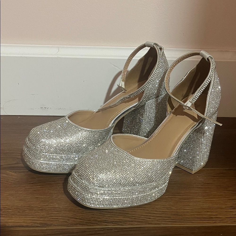 Sabrina Carpenter Inspired Silver Women's Sparkle Rhinestone Platform Heels